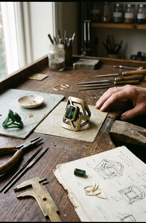 Handcrafted architectural jewelry surrounded by tools, sketches, and materials at a fine jewelry workbench