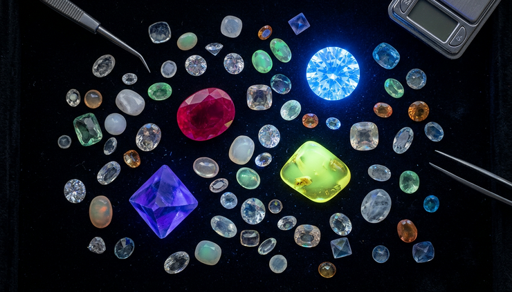 Top-down view of gemstones arranged on a dark tray under UV light