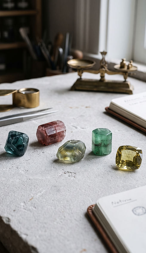 Ethically sourced colored gemstones and rough stones arranged in a precision lapidary atelier