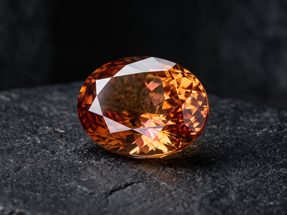 Faceted orange gemstone on a dark textured surface, glowing with warm reflections against a black background.