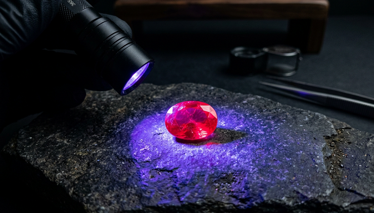 Close-up of a gemstone glowing under ultraviolet light
