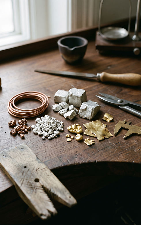 Precious metals including gold, silver, copper, and bronze arranged on a fine jewelry artisan’s workbench
