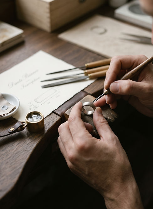 Artisan engraving a fine jewelry piece by hand at a jeweler’s workbench