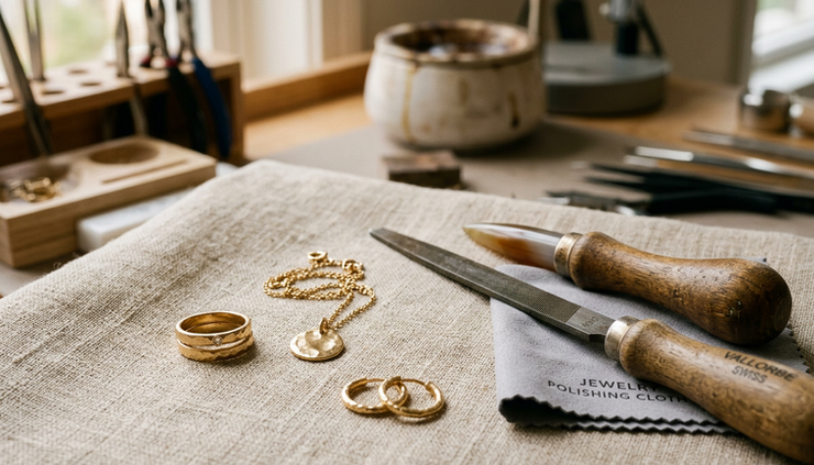 Close-up of finished gold jewelry resting on a linen cloth beside hand tools.