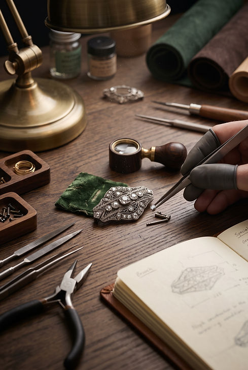 Jewelry artisan examining and restoring a fine jewelry piece with precision tools