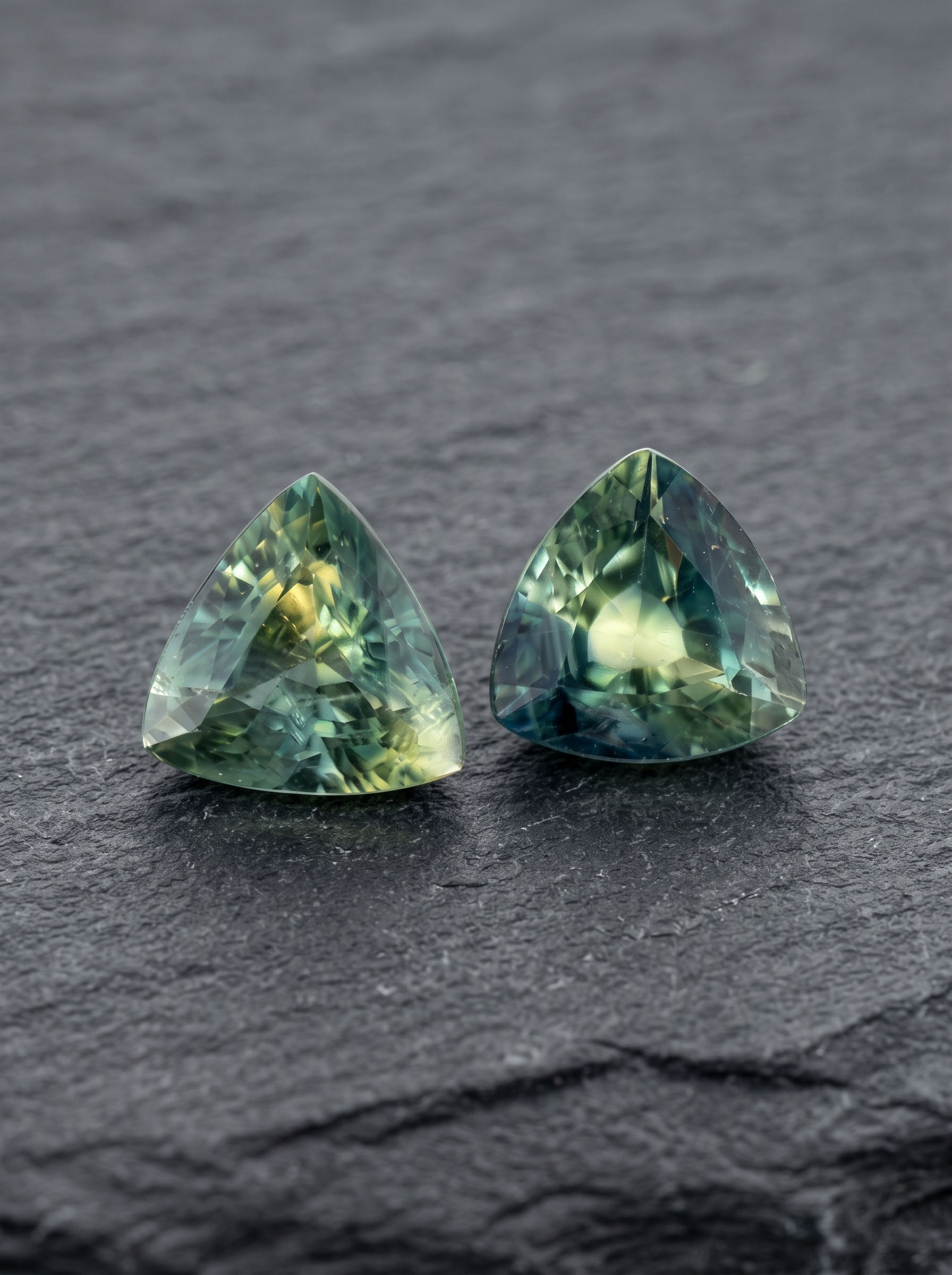 Matched pair of natural Kenyan parti sapphires totaling 2.375 ct, with teal and yellow-green zoning.