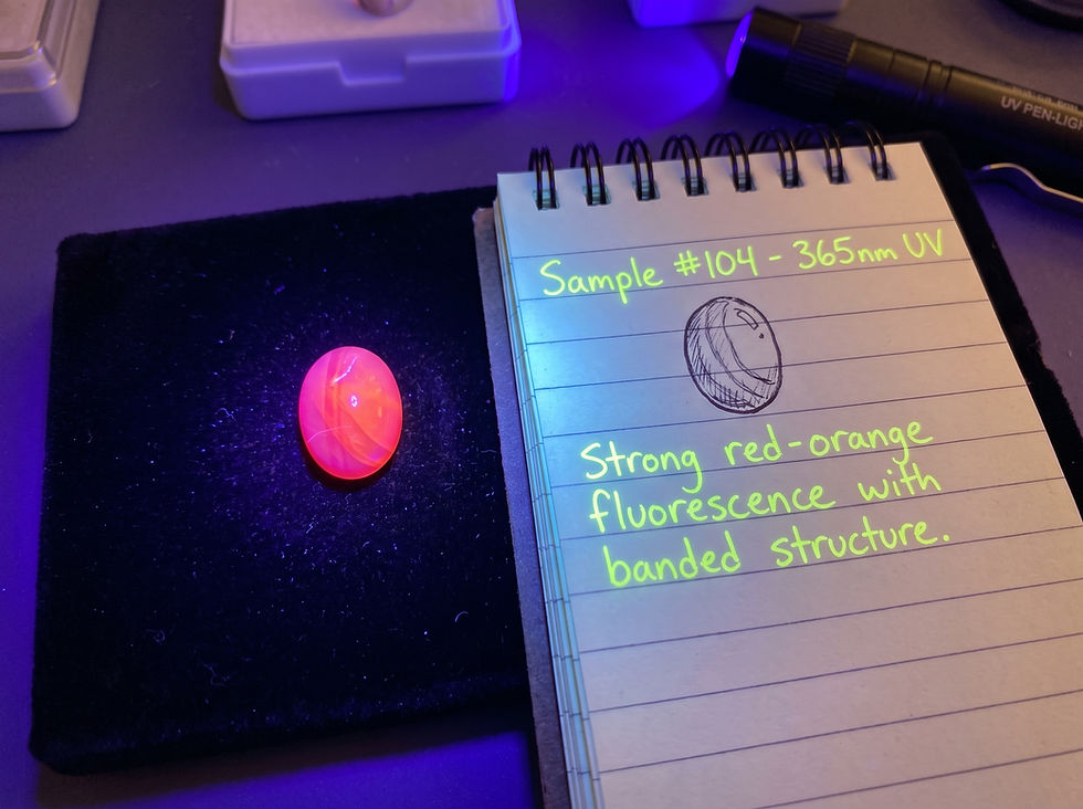 Close-up of a notebook beside a glowing gemstone under UV light