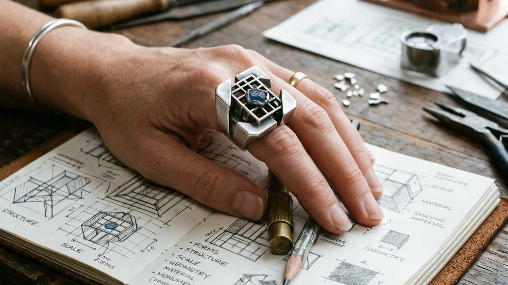 Hand with large geometric ring sketches jewelry designs in an open notebook beside tools on a workbench.