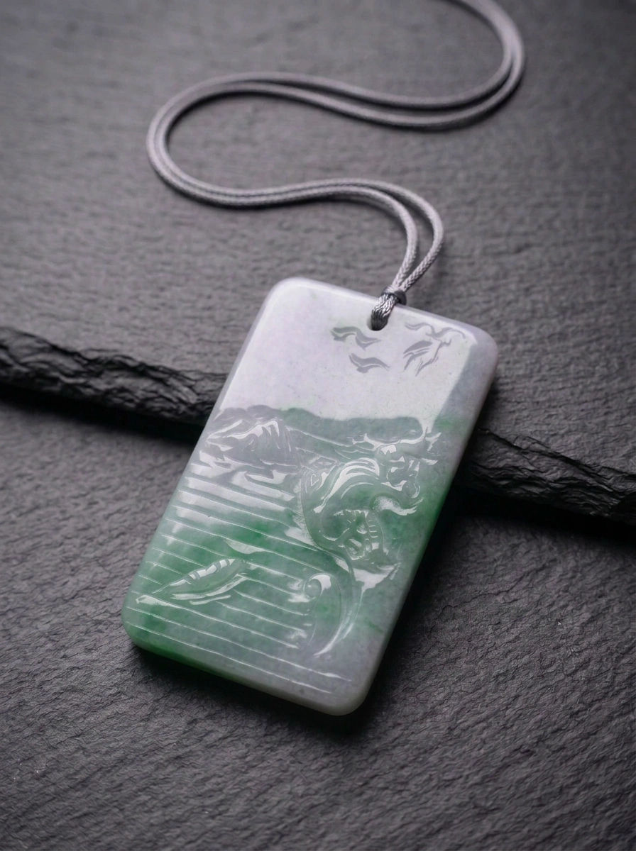 Natural jadeite plaque from Kachin State, Myanmar, shown from the front on slate