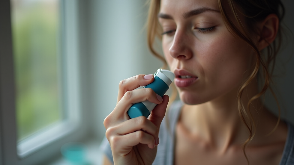Close-up view of a person using an inhaler for asthma relief