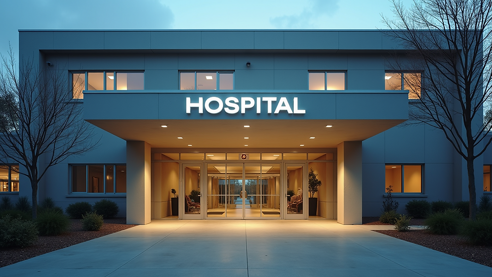 Eye-level view of hospital building entrance with clear signage
