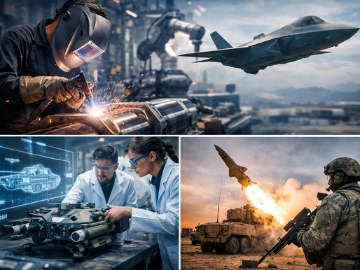 Top panel: an MQ‑9 Reaper drone flying over a desert with a command vehicle and missile launcher below.  Bottom left: a submarine surfacing and launching a missile with a destroyer in the distance.  Bottom right: a soldier in an exoskeleton suit beside robotic ground units.