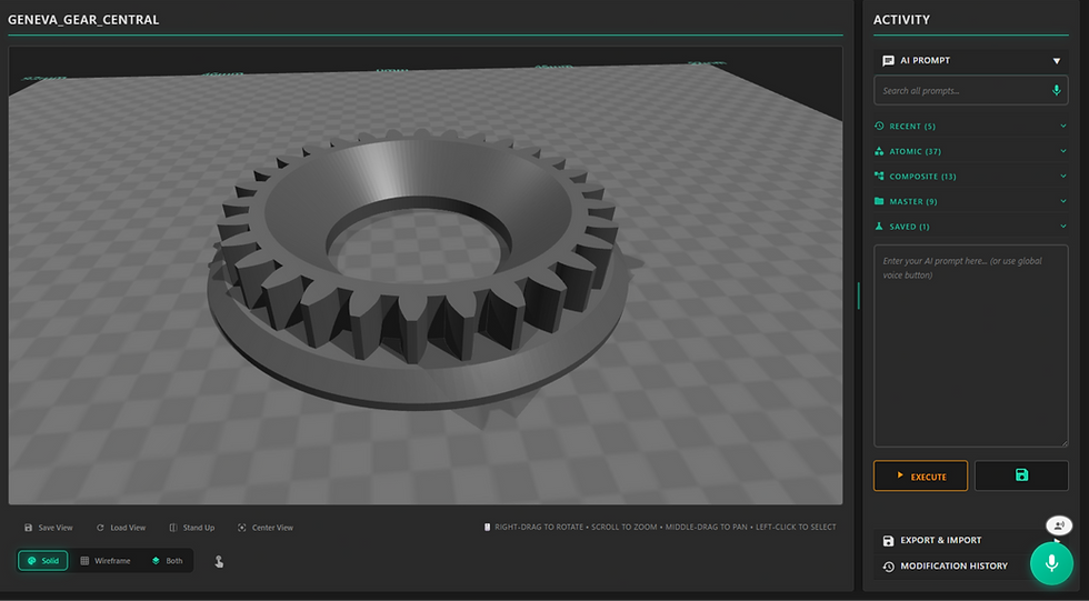 3D model of a Geneva gear on a checkered background, titled "GENEVA_GEAR_CENTRAL." Interface shows options and an AI prompt panel.