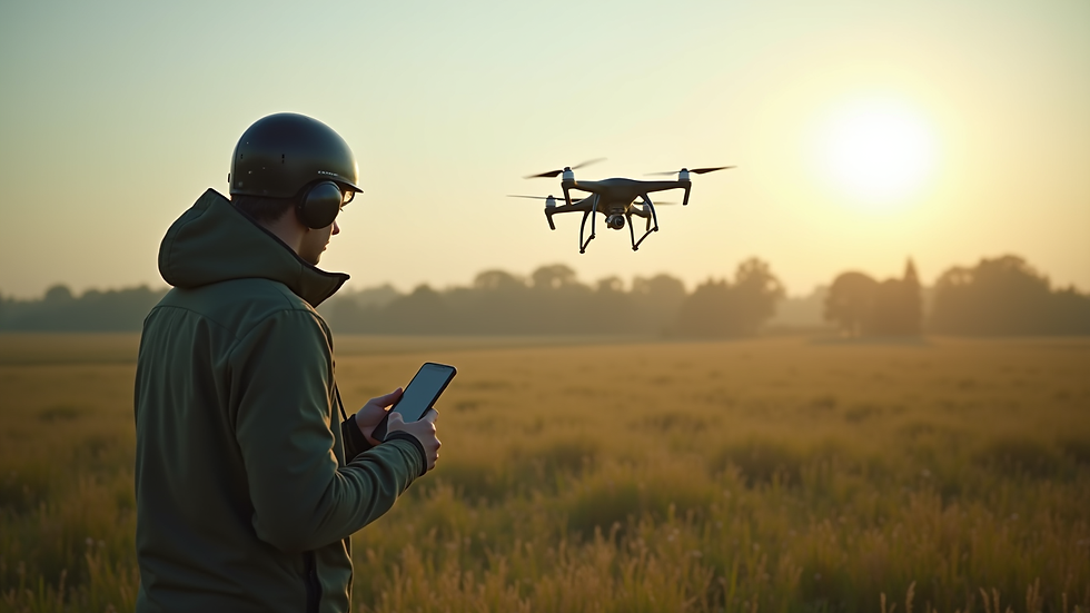 Eye-level view of a drone pilot operating a drone in an open field near Kassel