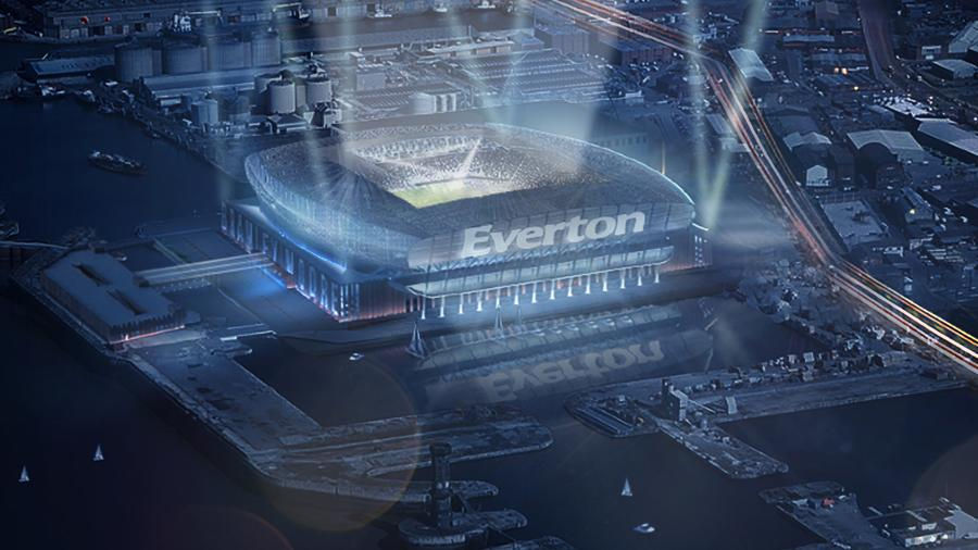 A projection of how Everton FC's new stadium is likely to look at Bramley-Moore Dock at the Waterfront (Credit: Everton FC).