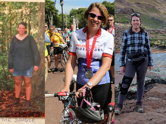 Three pictures of Helen Taylor - 2003 in the Jungle in Thailand, 2013 at the end of RideLondon100 with my bike and stood in the wilds of Patagonia in 2024
