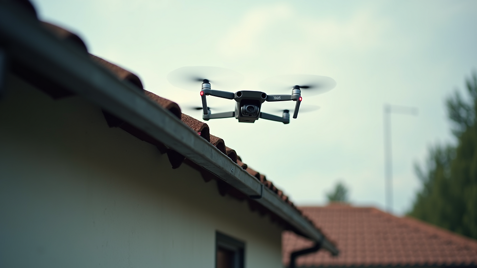 Close-up view of a drone inspecting a residential roof