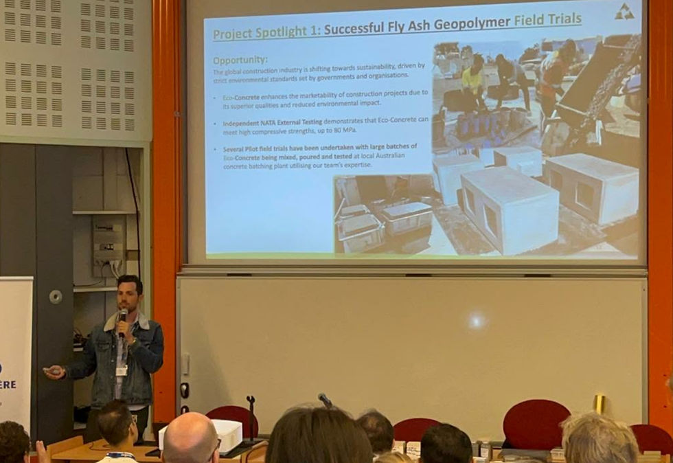Founder Ramon presenting fly ash geopolymer field trials with concrete prototypes and testing results