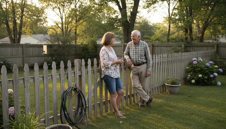 Eye-level view of two neighbors talking calmly beside a shared wooden fence.