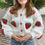 Thumbnail: Women v Neck Cardigan Strawberry Long SleeveCardigan
