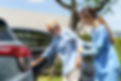 Young Asian woman nurse care giver helping handicapped elderly into car in fornt of home..