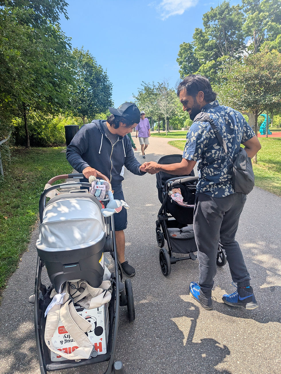 Baby walks with old friends