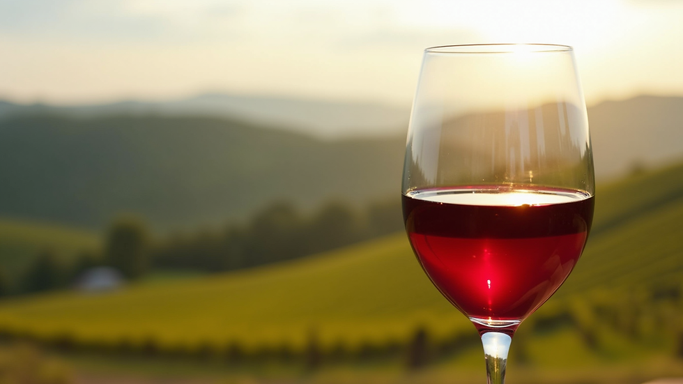 Close-up view of a wine glass filled with red wine against a backdrop of vineyard hills