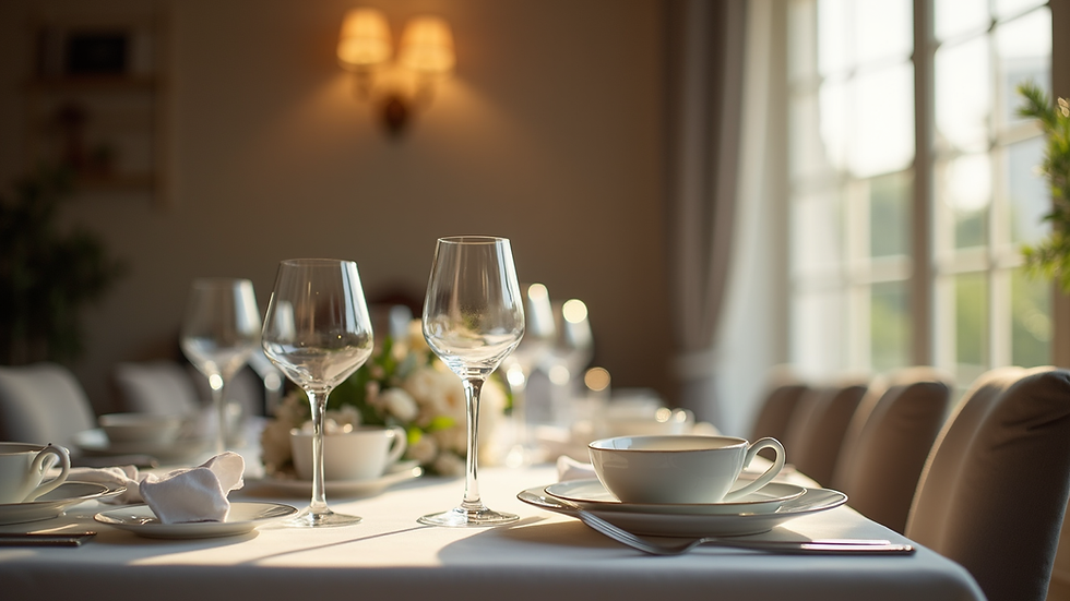 Eye-level view of an elegant dining table set with fine china and wine glasses