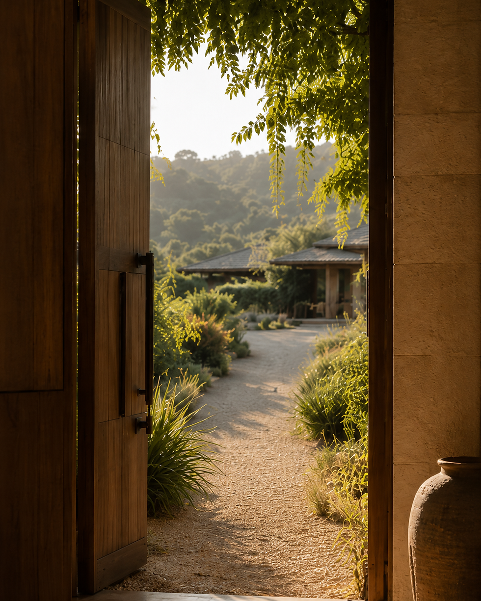 Sunlit path leading into a quiet Australian retreat venue