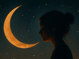 Digital artwork of a woman meditating under a starry night sky, illuminated by a crescent moon and a candle, symbolizing inner peace, mystery, and the magic of the unknown
