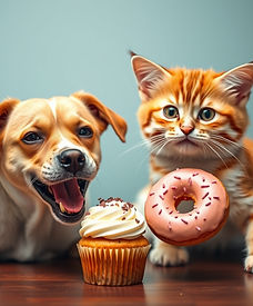 dog and cat eating a healthy cupcake and donut.jpg