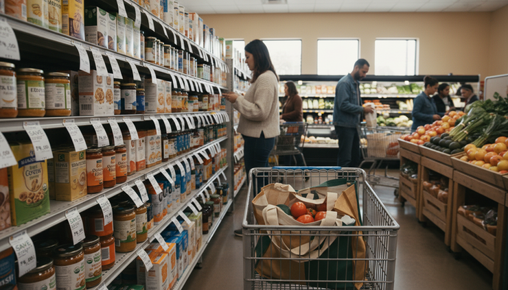 Wide-angle view of a neighborhood grocery aisle with shelf tags and reusable bags.