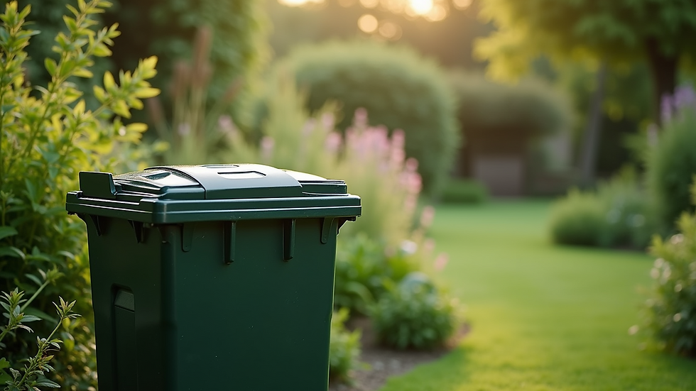 Close-up view of a compost bin in a lush garden