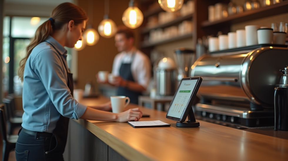 High angle view of a coffee shop with a digital ordering system