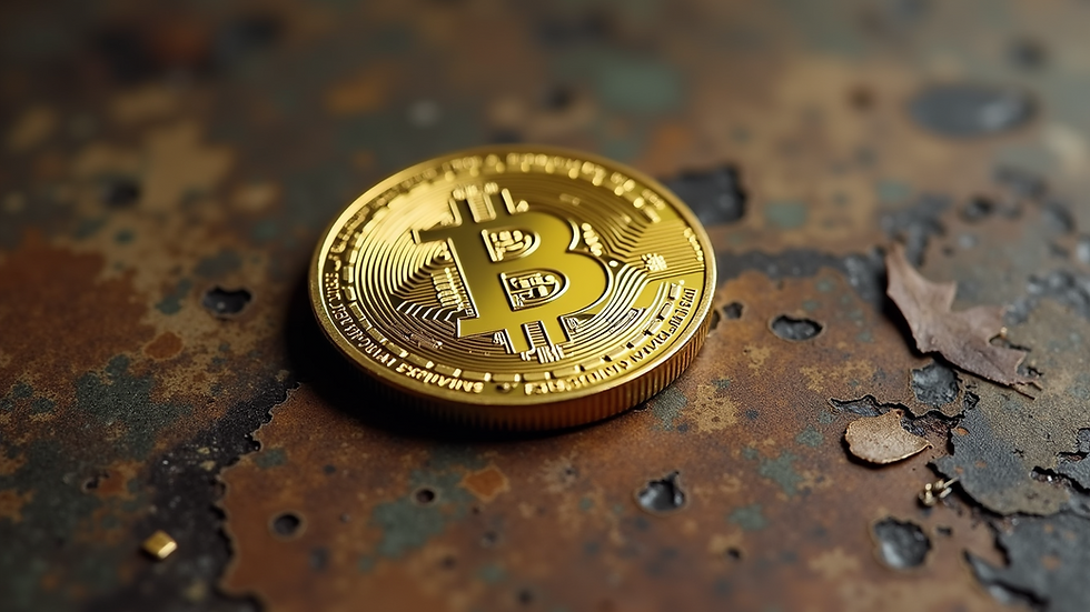 Eye-level view of a cryptocurrency coin on a wooden table