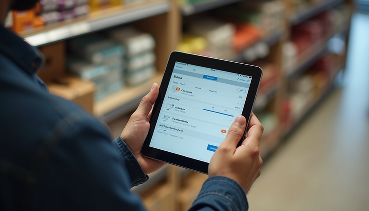 High angle view of a retail store manager reviewing loyalty program data on a tablet