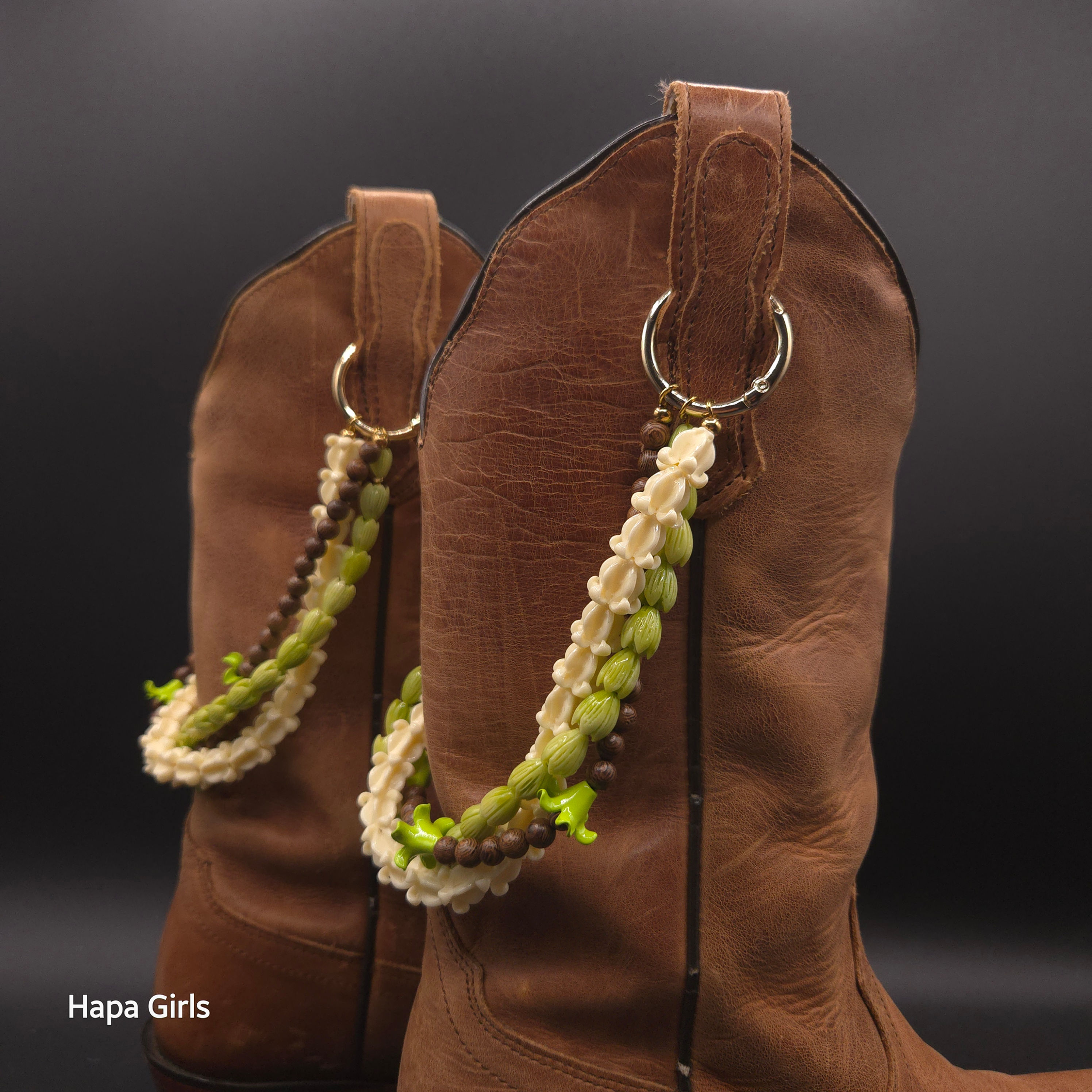 2x - 12"- Boot Lei Charms, Pakalana, Crown & Wood Flower Set (Green, Cream)
