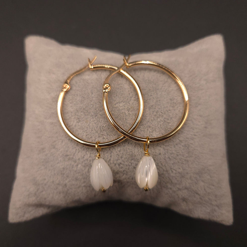 Thumbnail: 1" Hoop Pikake Mother of Pearl Gold Filled Earrings (Clasp, Med. Pearl)