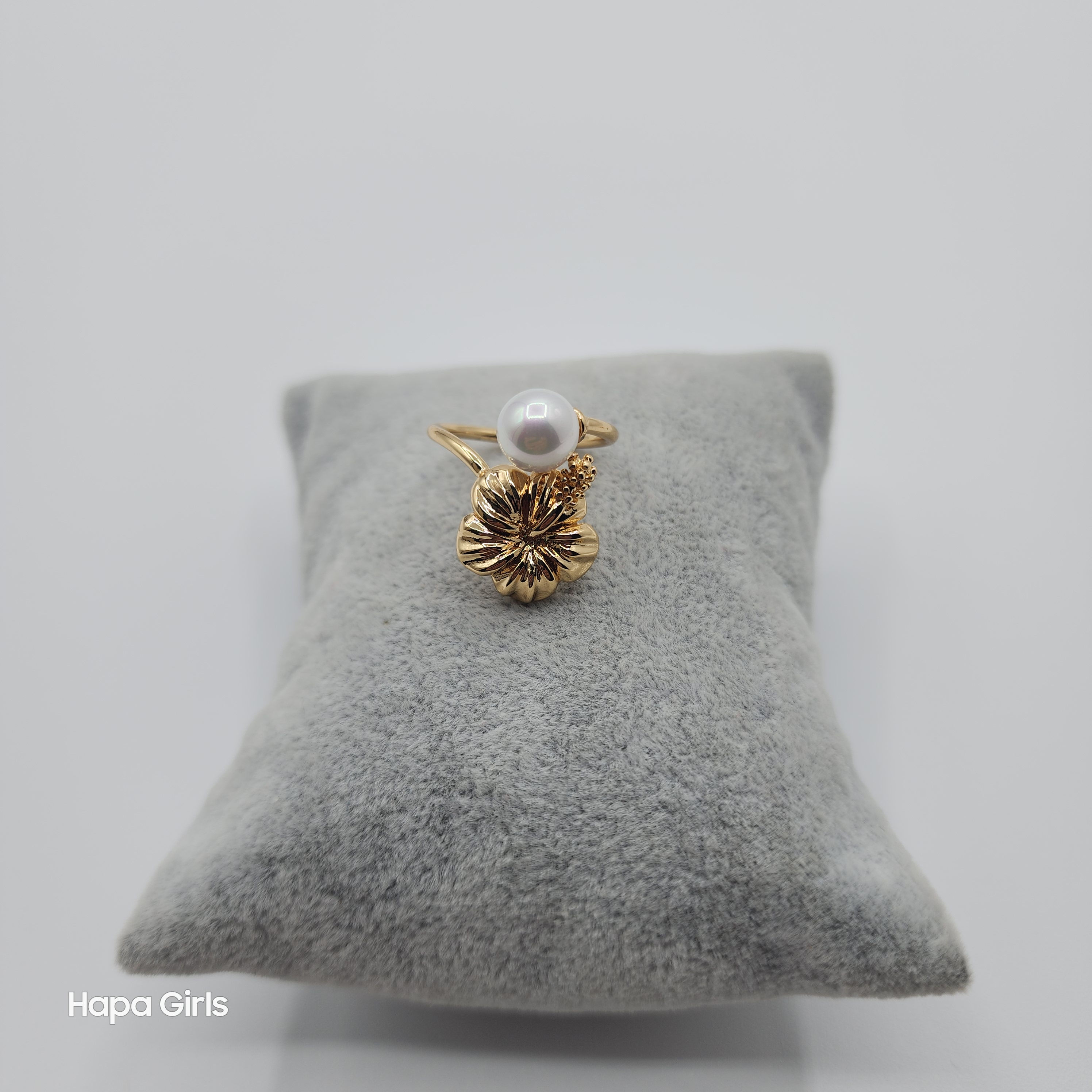 Hibiscus Adjustable Ring, White Pearl (Gold Filled)