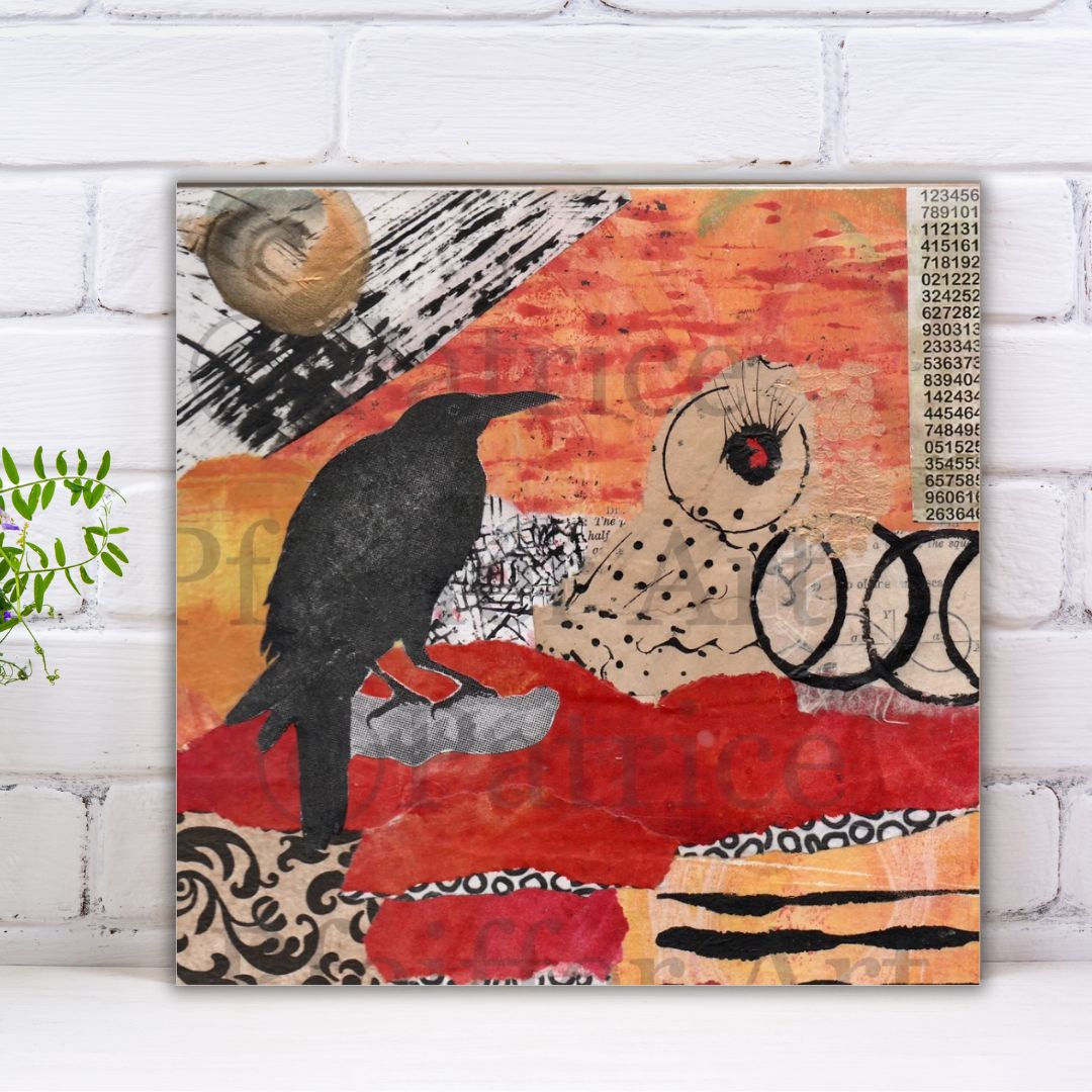 8 x 8 "Take Me to the River" Paper collage on Wood