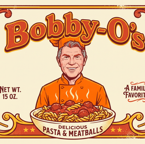 Stylized retro illustration of Bobby Flay as a cartoon mascot on a vintage soup can label reading "Bobby-O's" — a commentary on chefs who become brands