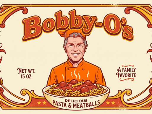 Stylized retro illustration of Bobby Flay as a cartoon mascot on a vintage soup can label reading "Bobby-O's" — a commentary on chefs who become brands