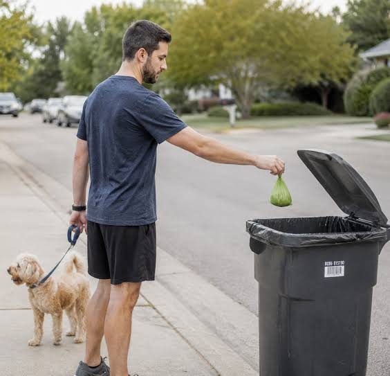 Man disposing of dog poop bag