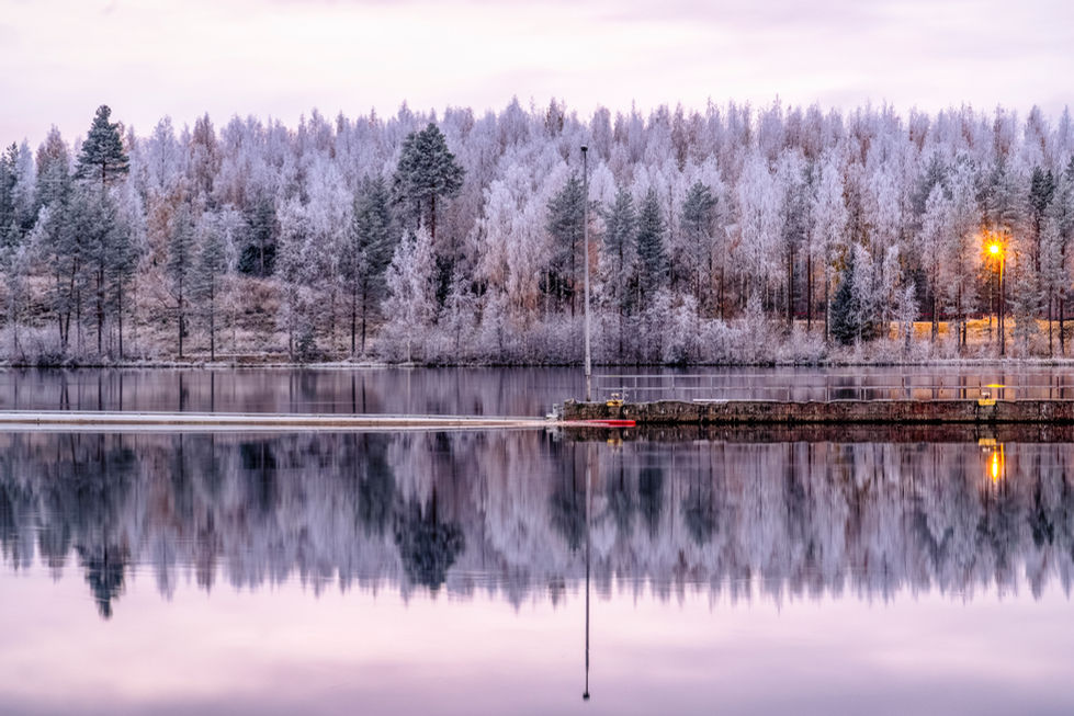 a lake surrounded by snow covered trees and a dock