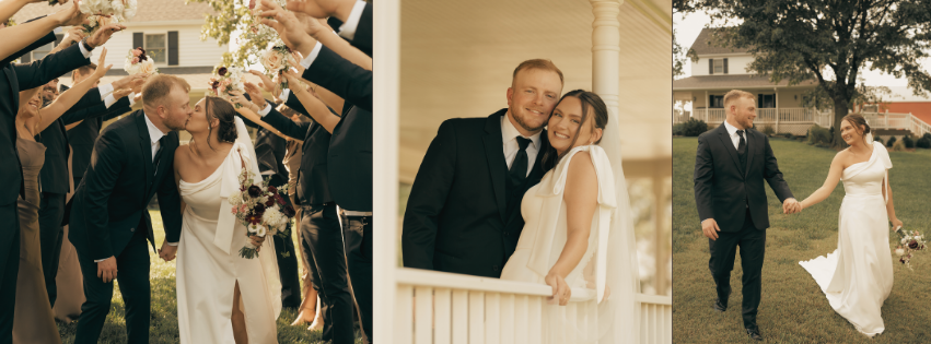 hree wedding photos featuring Kennedy Berkley attorney Karter Granzella and his bride, sharing a kiss beneath a floral send-off, posing together on a porch, and walking hand in hand across a lawn on their wedding day.