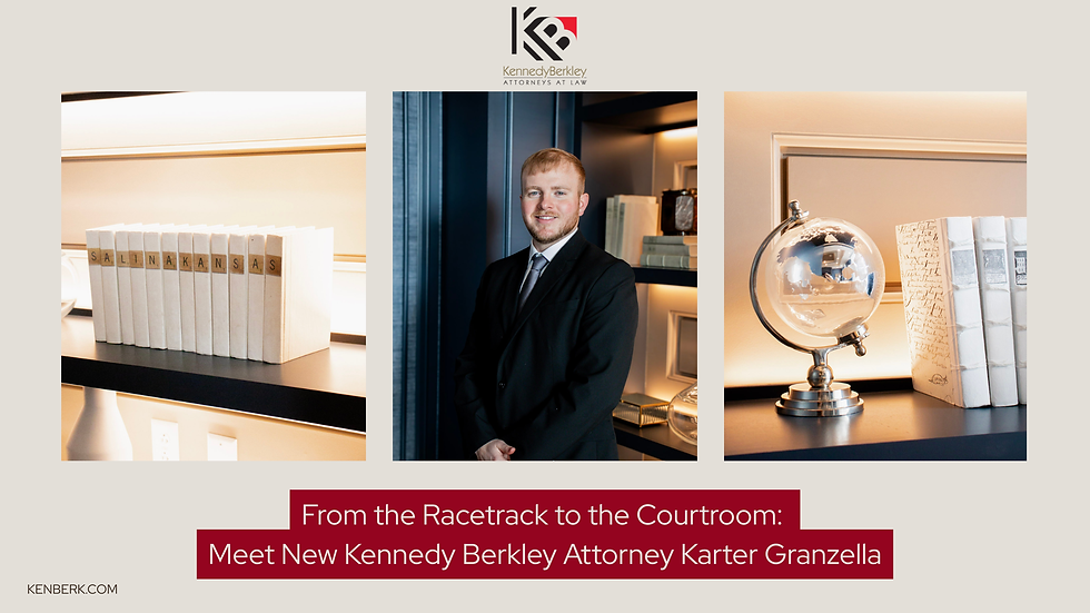 Kennedy Berkley welcomes new Kansas attorney Karter Granzella with a professional portrait, Salina, Kansas office imagery, and the headline “From the Racetrack to the Courtroom: Meet New Kennedy Berkley Attorney Karter Granzella.”
