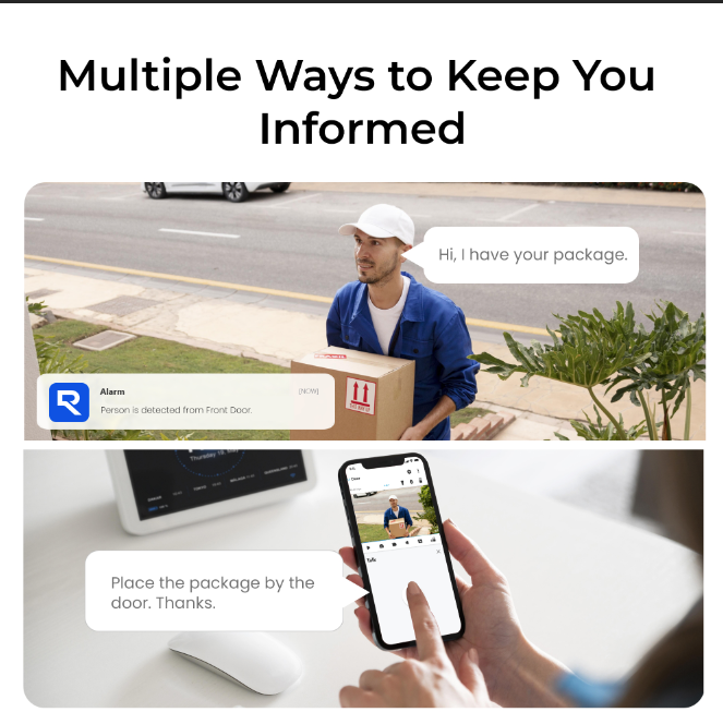 Delivery person in blue and white uniform holds a package, saying "Hi, I have your package." Phone screen shows delivery request.