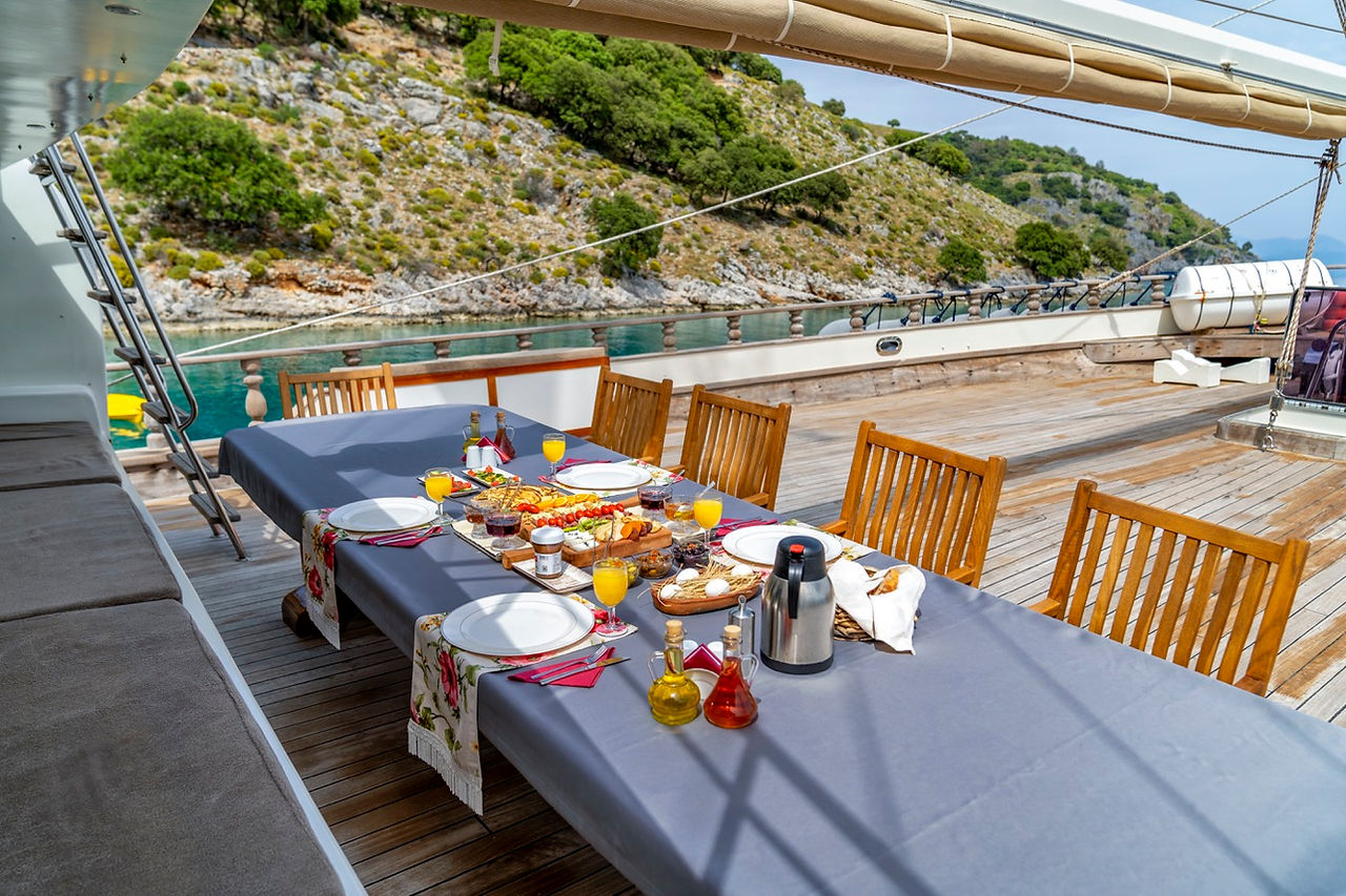 Breakfast served onboard TERSANE 8 gulet in Turkey 