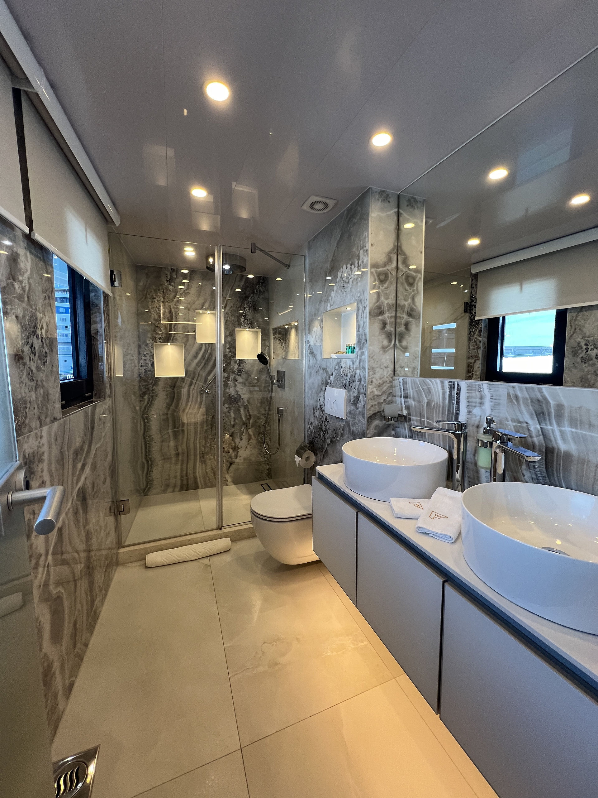 Modern bathroom of luxury motor yacht for big groups FREEDOM in Croatia 
