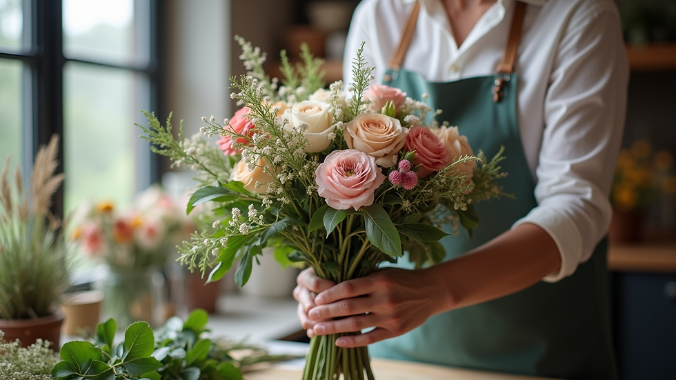 Eye-level view of florist arranging a wedding bouquet with seasonal flowers